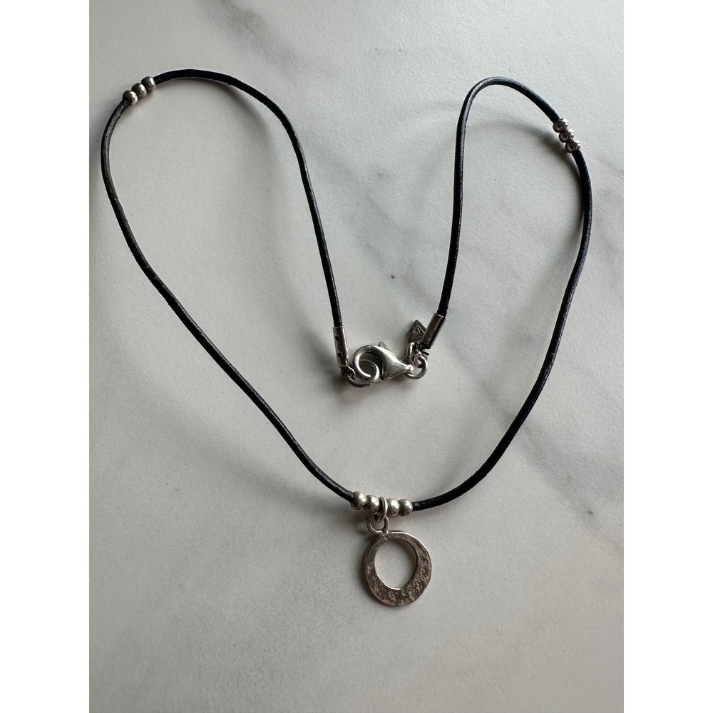 925 Sterling Silver Textured Circle Pendant Black Leather Cord Necklace 16"